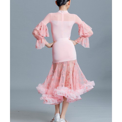 Girls kids pink lace smooth ballroom dance dresses modern waltz tango ballroom dancing costumes long skirts for children